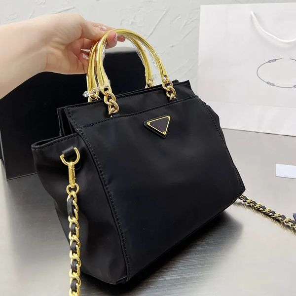 

handbags large capacity tote bag nylon shoulder bags metal handle chain leather shoulder strap interior zipper pocket triangular sheet metal
