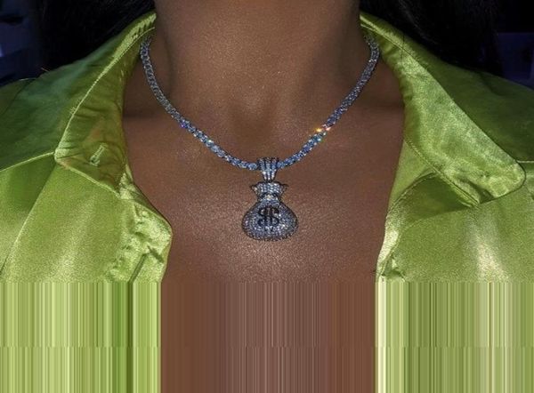 

full micro paved cubic zirconia cz iced out dollar money bag pendant hip hop women necklace with tennis box chain4701304, Silver
