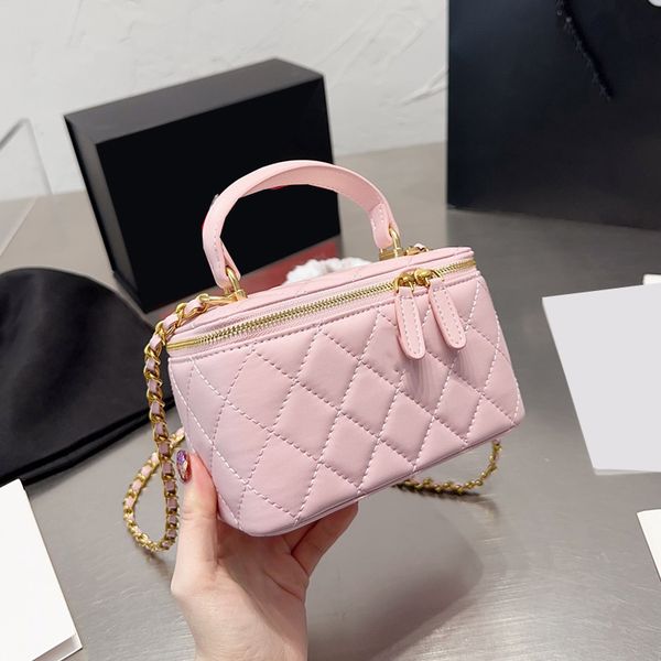 

womens handle totes vanity box bags lambskin pink cosmetic case purse gold metal hardware matelasse chain crossbody shoulder handbags for su
