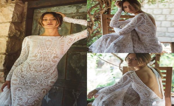 

elegant country wedding dresses lace appliques sweep train jewel neck mermaid wedding dress backless long sleeve beach bridal gown8760885, White