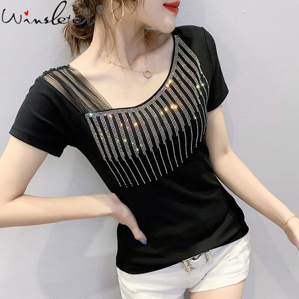 

women's t-shirt chic rhinestones diamante summer t shirt women casual tee shirts o-neck short sleeve tshirt fashion ladies clothings t0, White