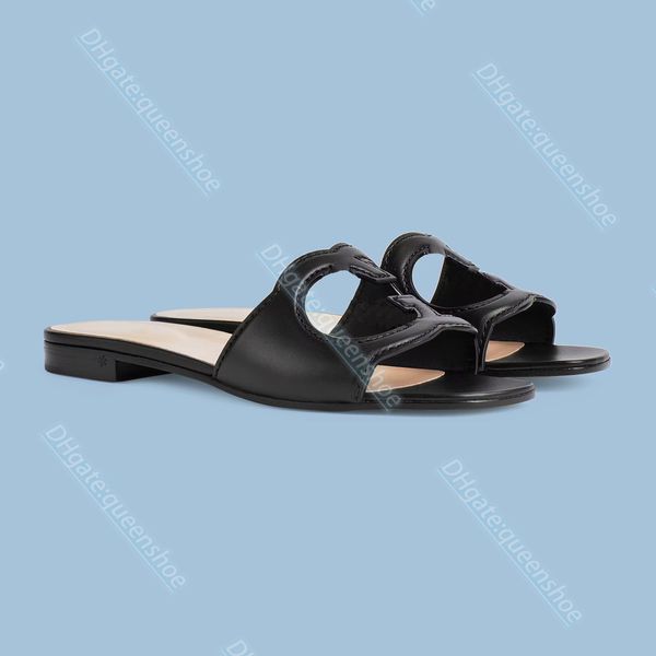 

luxury designer fashion women's interlocking g flat high heel cut-out slide sandal leather women summer uber sandal flat slipper, Black