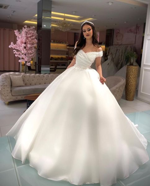 

elegant ball gown wedding dresses sleeveless v neck off shoulder sparkly sequins appliques beaded ruffles pearls bridal gowns plus size cust, White