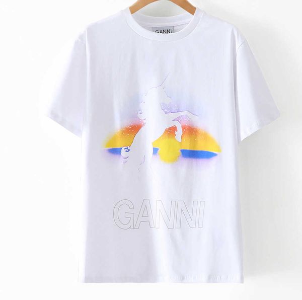 

23ss ganni women designer t shirt beach tees rainbow print simple casual short sleeve women, White