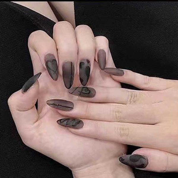 

false nails elegant white wearing patch medium long premium simple line matte grey pink love enhancement 230317, Red;gold