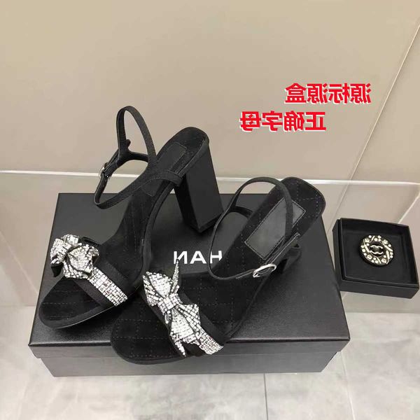 

designer sandals channel slides shoes little fragrant sandal lady summer new rhinestone bow french fairy one line with thick heels sandal la, Black