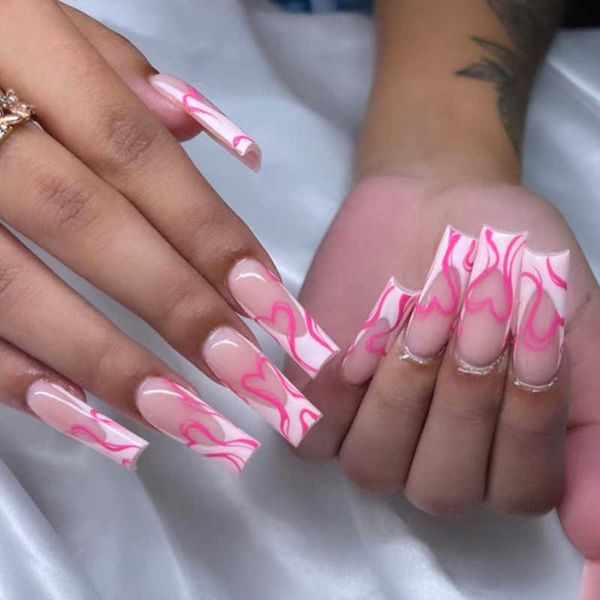 

false nails peach heart wearing irregular enhancement patch pseudo long ballet 230317, Red;gold