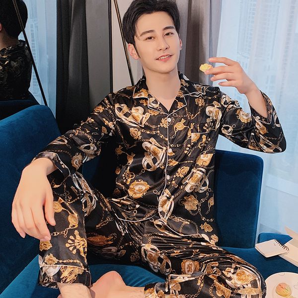 

men's sleepwear spring silk pyjama set men sleepwear satin pajamas autumn home suit printed lounge pants nightgown sleep clothes plus s, Black;brown