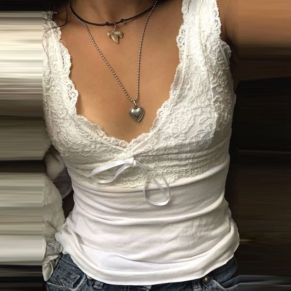 

women's tanks camis white lace v neck tank kawaii bow slim fit vest women summer sleeveless crop y2k aesthetic fairy vintage streetwear