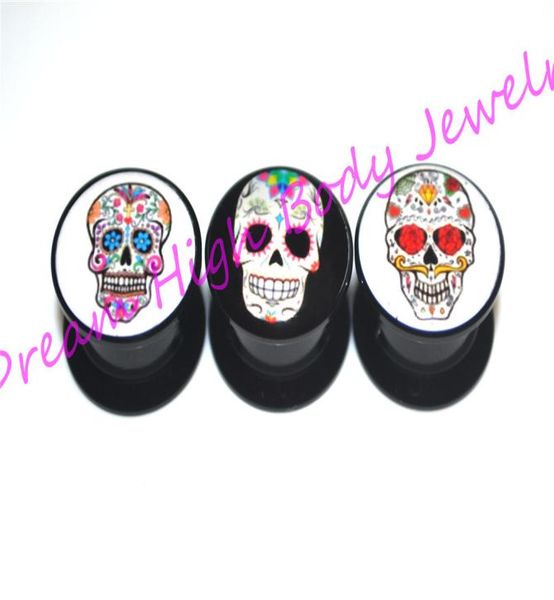 

sugar skull plugs acrylic ear gauge ear plugs flesh tunnels screw expander hollow stash popular body piercing jewelry new style1890250, Silver
