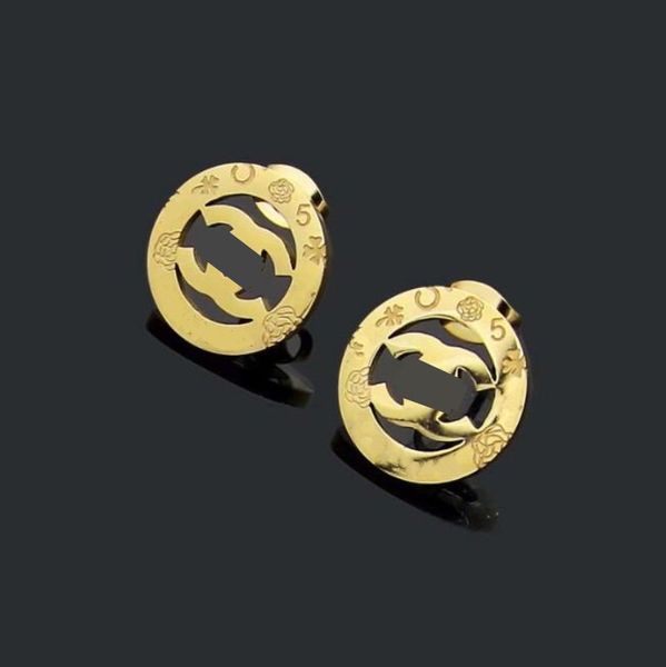 

luxury brand women designer studs hollow letter titanium steel fashion couple earrings, Golden;silver