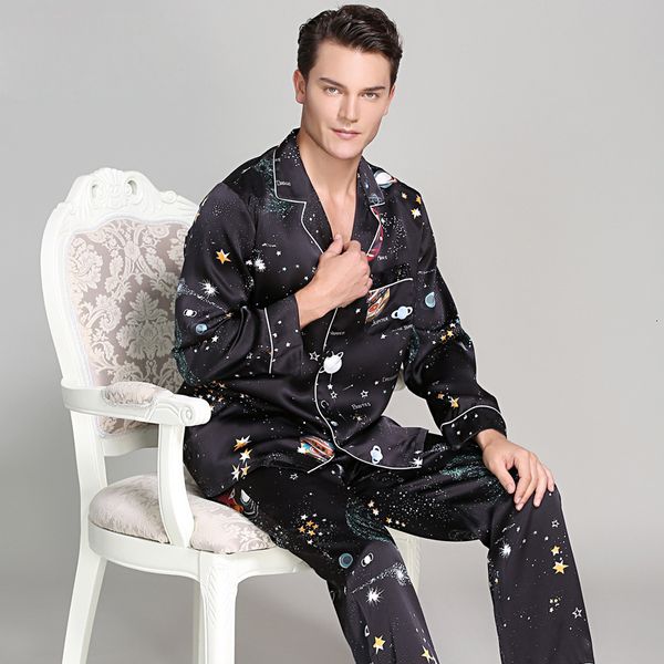 

men's sleepwear 16 momme starry sky 100% genuine silk pajamas sets men indoor stars long sleeve quality silk sleepwear male t9020 23031, Black;brown