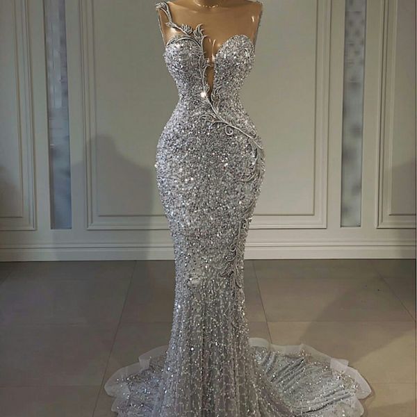 

luxury silver crystal evening dress 2023 lace beaded mermaid sequined prom formal gowns sheer neck robe de soiree vestidos feast formales, Black;red