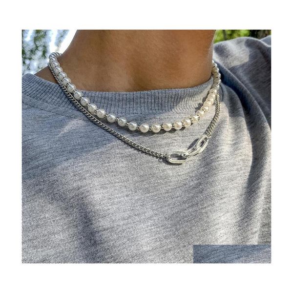 

chains retro geometric design imitation pearl double layer necklace creative hip hop style men and women same jewelry accessories gi, Silver