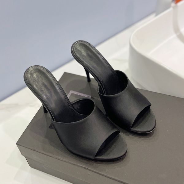 

la 16 black slippers satin silk slides mule sandals heels slip on stiletto heeled open toe shoes women's luxury designer leather evenin