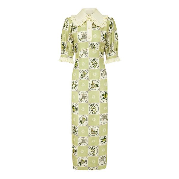 

australian designer embroidered piping lapel puff sleeve midi dress, Black;gray