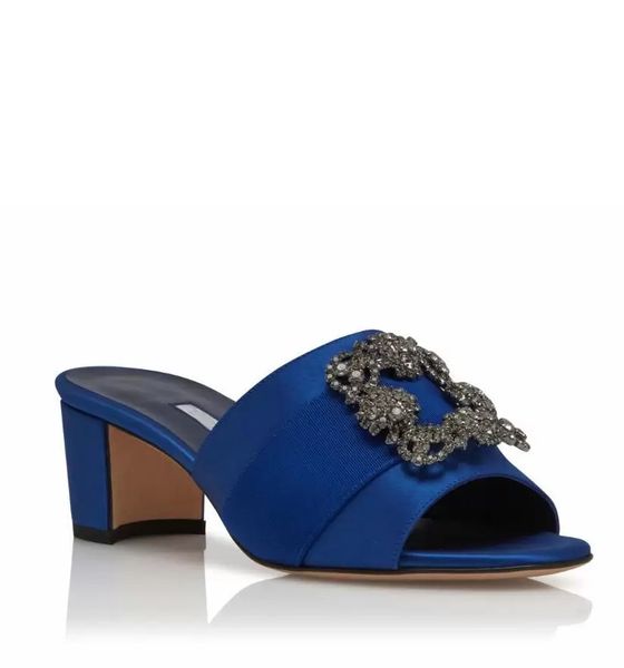 

fashion summer martanew satin sandals shoes for women jewel buckle square crystal mules slip-on block heels lady walking, Black