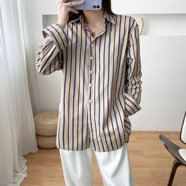 

women's blouses shirts women long sleeve blouse striped shirt lapel autumn female casual 230317, White