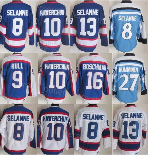 

men retro hockey 27 teppo numminen jersey vintage classic 11 koivu 10 dale hawerchuk 16 laurie boschman 9 bobby hull 8 teemu selanne blue wh, Black;red