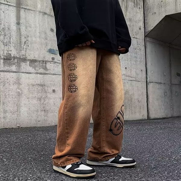 

men's pants fashion letter graffiti brown hip hop men baggy jeans y2k clothes straight vintage denim trousers pantalon homme 230317, Black