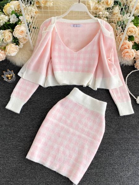 

two piece dress korean sweet knit plaid cardigans camisole skirts 3pcs sets girls short sweater coat vest mini skirt suits women outfits 230, White