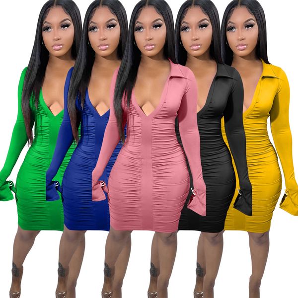 

women's casual dresses 2023 spring autumn dress solid color long sleeve pleated hip skirt tights deep v neck ladies dress, Black;gray
