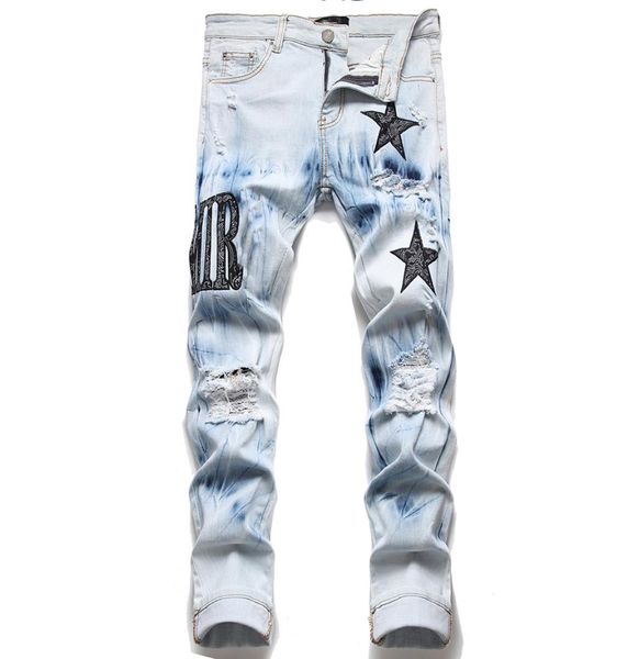 

2022men039s jeans european jean hombre letter star men embroidery patchwork ripped for trend brand motorcycle pant mens skinny4423164, Blue