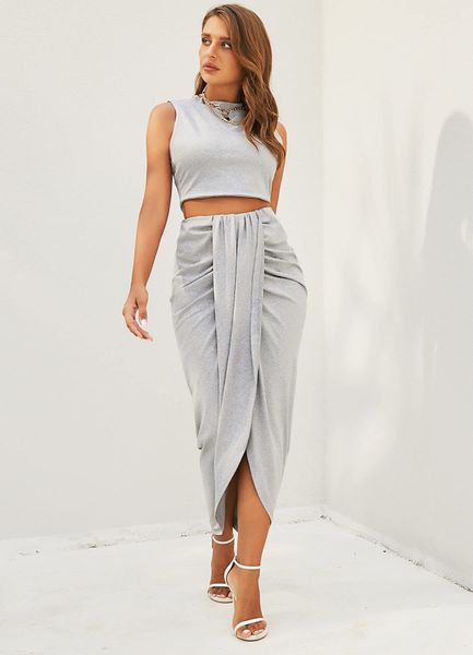 

two piece dress womens 2 pieces set sleeveless crop tank side slit twist skirt bodycon maxi es summer 230317, White