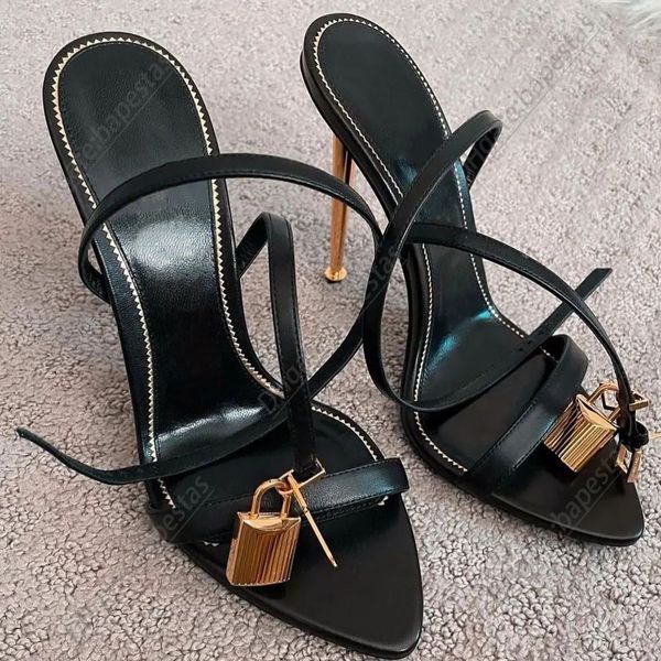 

luxury designer woman man shiny leather velvet rivet metal padlock pointy naked high heel denim laminated tunable ankle strap high heel sand, Black