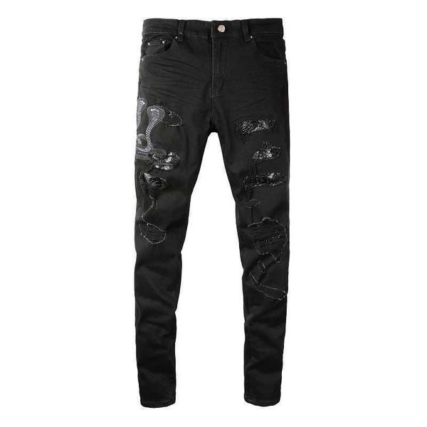 

jeans mens am1r1 trousers pants mirri ripped fashion designer brand new men's white embroidery patch elastic slim denim hip hop high o2, Blue