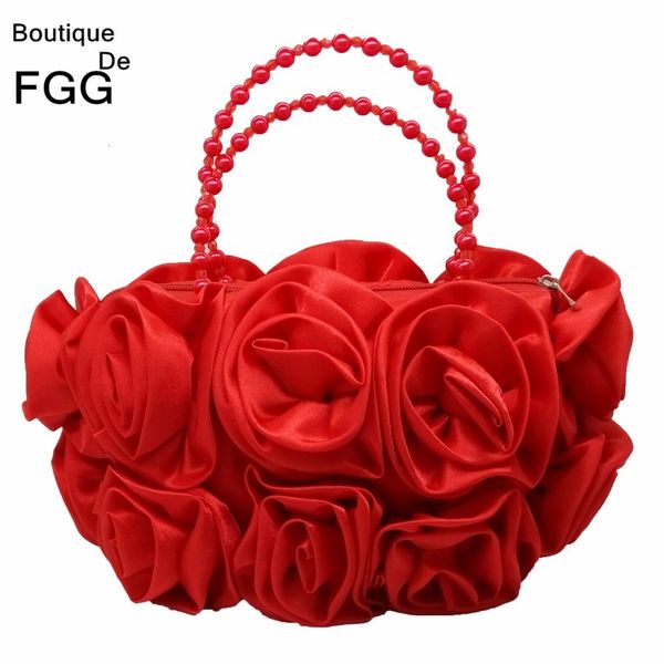 

evening bags boutique de fgg red flower rose bush women satin evening purse beaded handle bag wedding handbag bridal clutch 230316