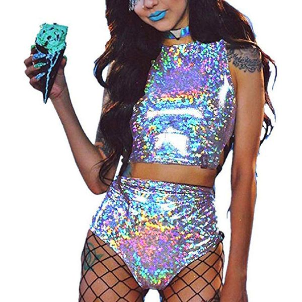 

womens two piece pants women rave holographic bodysuit mini 2pcs hologram metallic crop and shorts outfits for dance party clubwear 230316, White