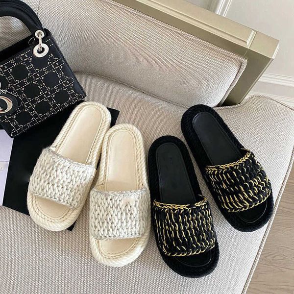 

designer slides channel slipper sandals casual flat-bottomed slippers small fragrant wind woven thick sandals open-toe soft soles, Black