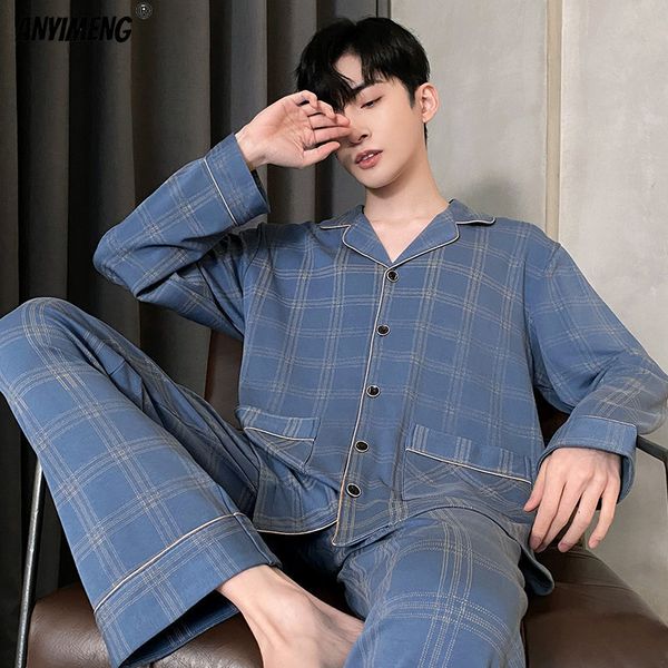 

men's sleepwear big size l-4xl soft cotton pijamas men pyjamas homewear long-sleeve casual sleepwear for men homewear plaid pajamas set, Black;brown