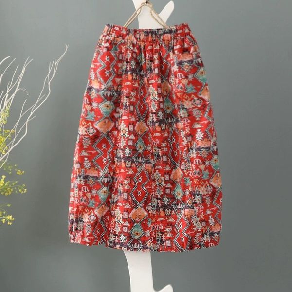 

skirts print vintage skirt midi ladies plus size women clothes tulip high waist cotton 230317, Black