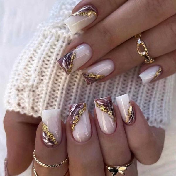 

false nails white purple halo dyed gold foil wearing enhancement patch press on 230317, Red;gold