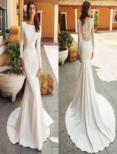 

mermaid wedding dress 2021 satin long sleeve vestido de noiva lace bride dresses with romantic buttons3490429, White