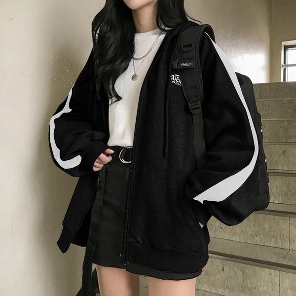 

womens hoodies sweatshirts harajuku women korean version oversized solid zip up jacket retro long sleeve fleece hooded sweatshirt coats 2303, Black