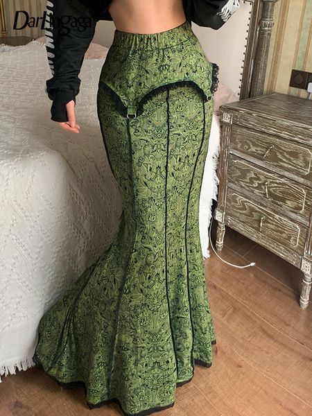 

skirts darlingaga vintage fashion elegant green trumpet long graphic printed lace trim y2k high waist women 2000s aesthetic 230317, Black