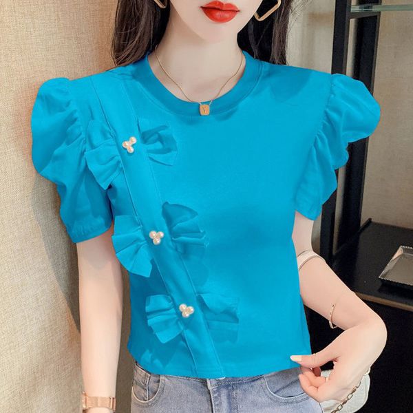 

women's t-shirt summer beaded bow puff sleeves t-shirt women's o-neck short sleeve fashion female pulovers tees 230317, White