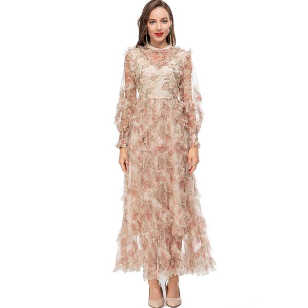 

women's runway dresses o neck long sleeves ruffles printed elegant fashion designer party prom gown vestidos, Black