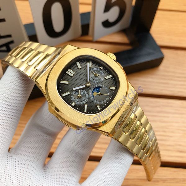 

wristwatches es luxury designer multifunctional calendar fashion mens waterproof sapphire glass stainless steel band luxury gift, Slivery;brown