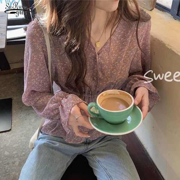 

women's blouses shirts casual shirt floral print ruffle trim blouse women autumn slim-waist blouses ladies boho print purple sweet chi, White
