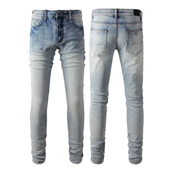 

jeans mens am1r1 trousers pants mirri ripped fashion designer brand new men's white embroidery patch elastic slim denim hip hop high vd, Blue