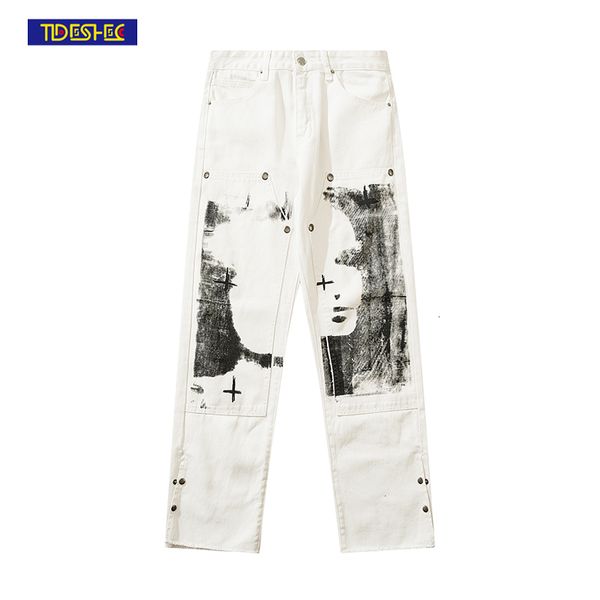 

men's pants punk cargo jeans oversized face painting print trousers loose couple men women streetwear white 230317, Black