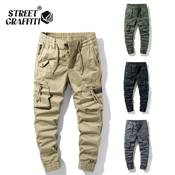 

men's pants spring cotton cargo clothing autumn casual fashion elastic waist quality pantalones tipo men 230317, Black