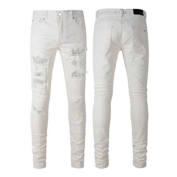 

jeans mens am1r1 trousers pants mirri ripped fashion designer brand new men's white embroidery patch elastic slim denim hip hop high bh, Blue