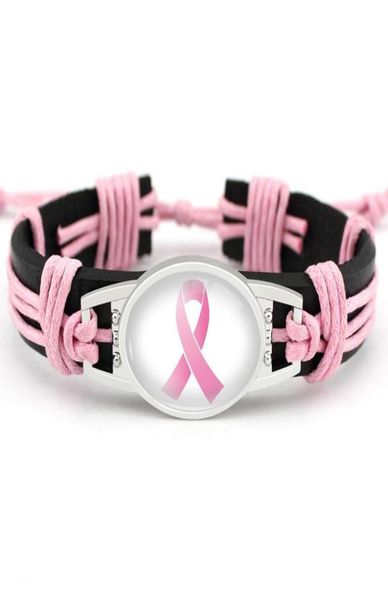 

fighter breast cancer awareness pink ribbon charm leather bracelets yellow ribbon woven rope bangle for women statement jewelry gi2700608, Golden;silver