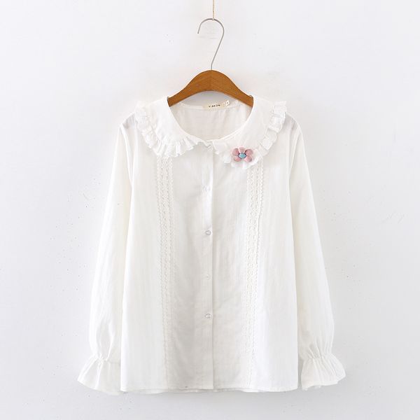 

women's blouses shirts korean style student womens and blouses lolita peter pan collar button lace blouse teen girl floral long sleeve, White