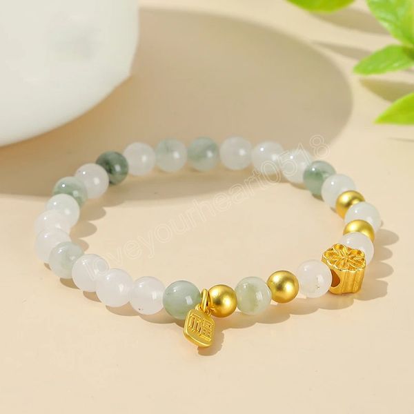 

natural ice green jade flower lucky bracelets female romantic new design chinese fu character lovely wristband girls jewelry, Golden;silver